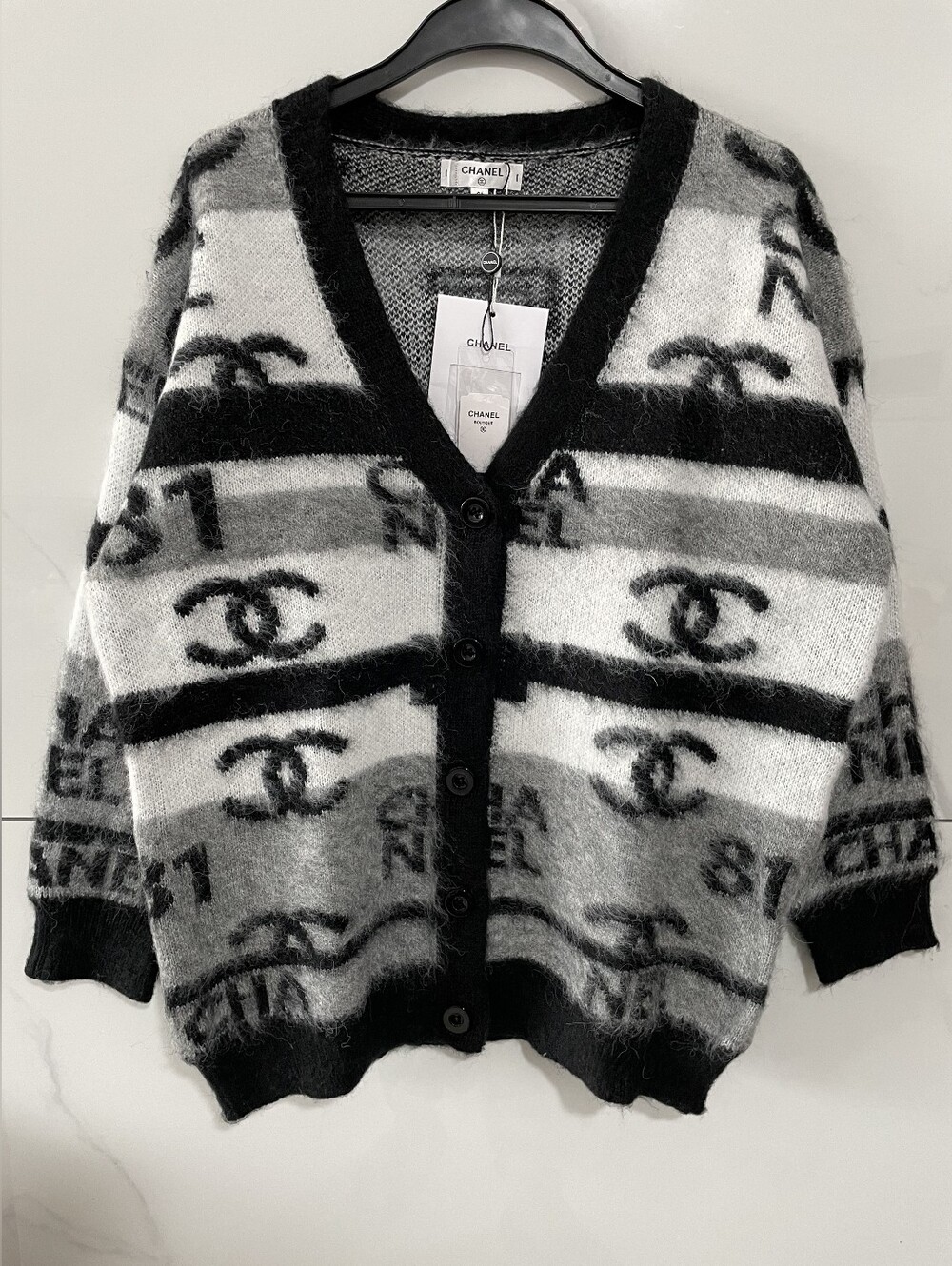 Chanel Black & White Logo Mohair Blend Cardigan Sweater